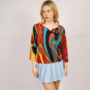 Y2K Artsy Blouse (M) silk medium red green vintage top swirl boho maximalist